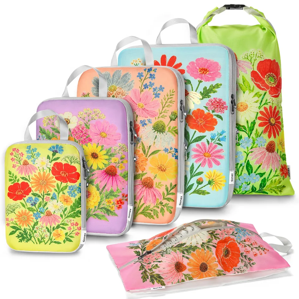 gonex-vintage-floral-compression-packing-cubes-4-piece-set-botanical-print-trave image 1