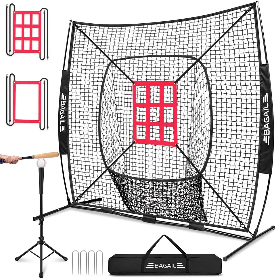 bagail-7x7-ft-extra-large-baseball-softball-training-net-with-batting-tee-heavy- image 1