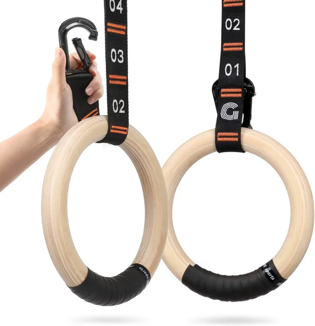 gonex-wooden-gymnastic-rings-with-adjustable-number-straps-and-quick-carabiner image 1