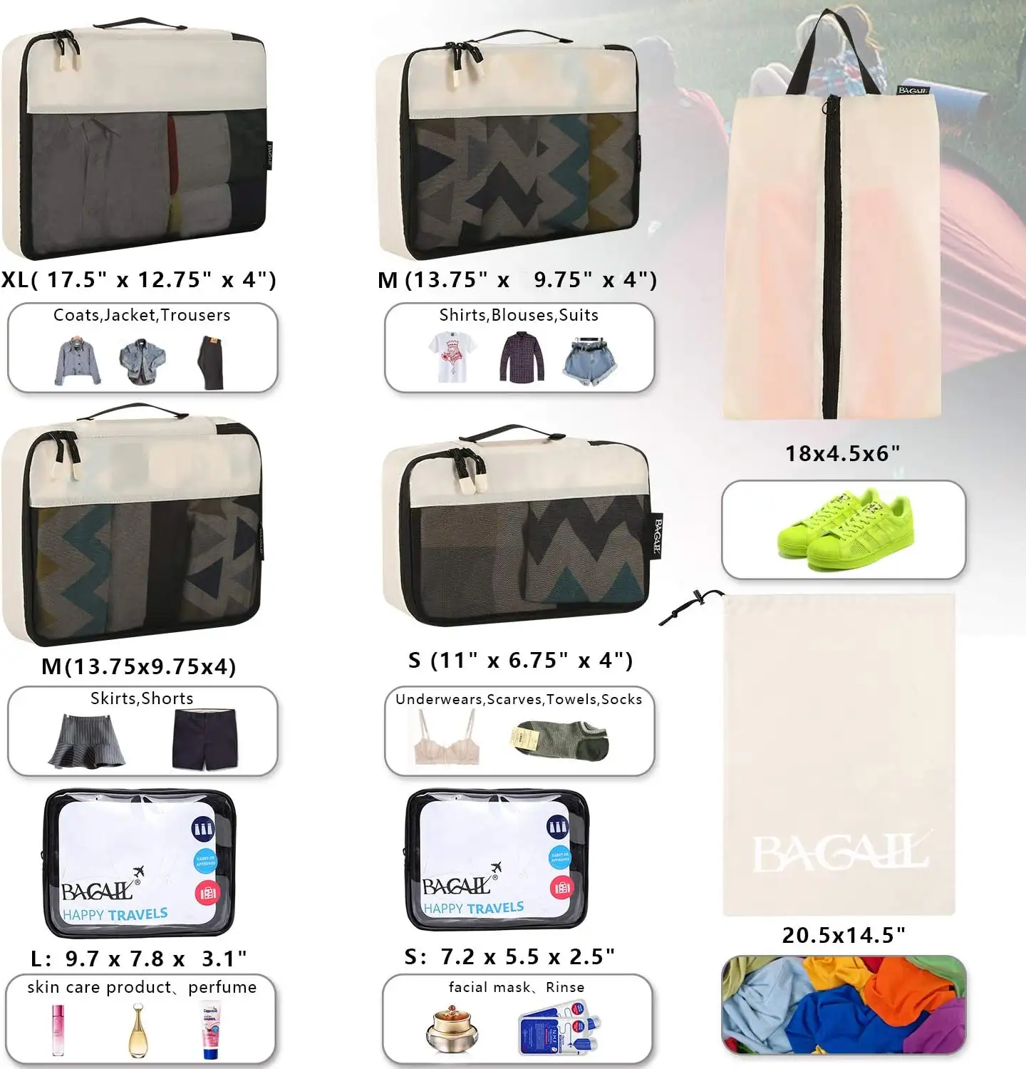 bagail-8-set-packing-cubes-with-clear-bags-shoe-bag-travel-organizer-set image 2