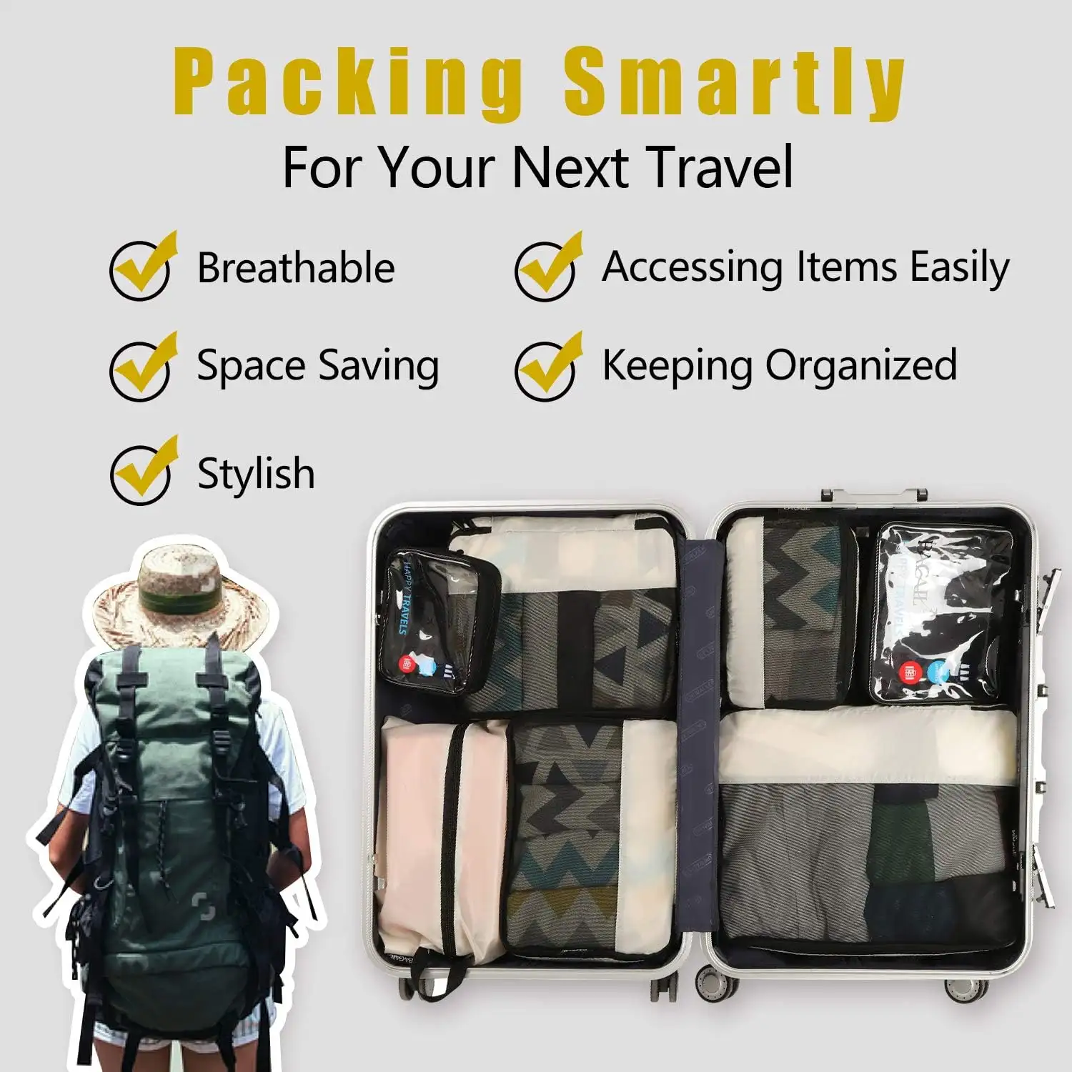 bagail-8-set-packing-cubes-with-clear-bags-shoe-bag-travel-organizer-set image 3