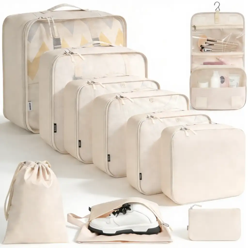 bagail-10-set-mesh-packing-cubes-with-laundry-bag-makeup-bag-zipper-pouch image 1