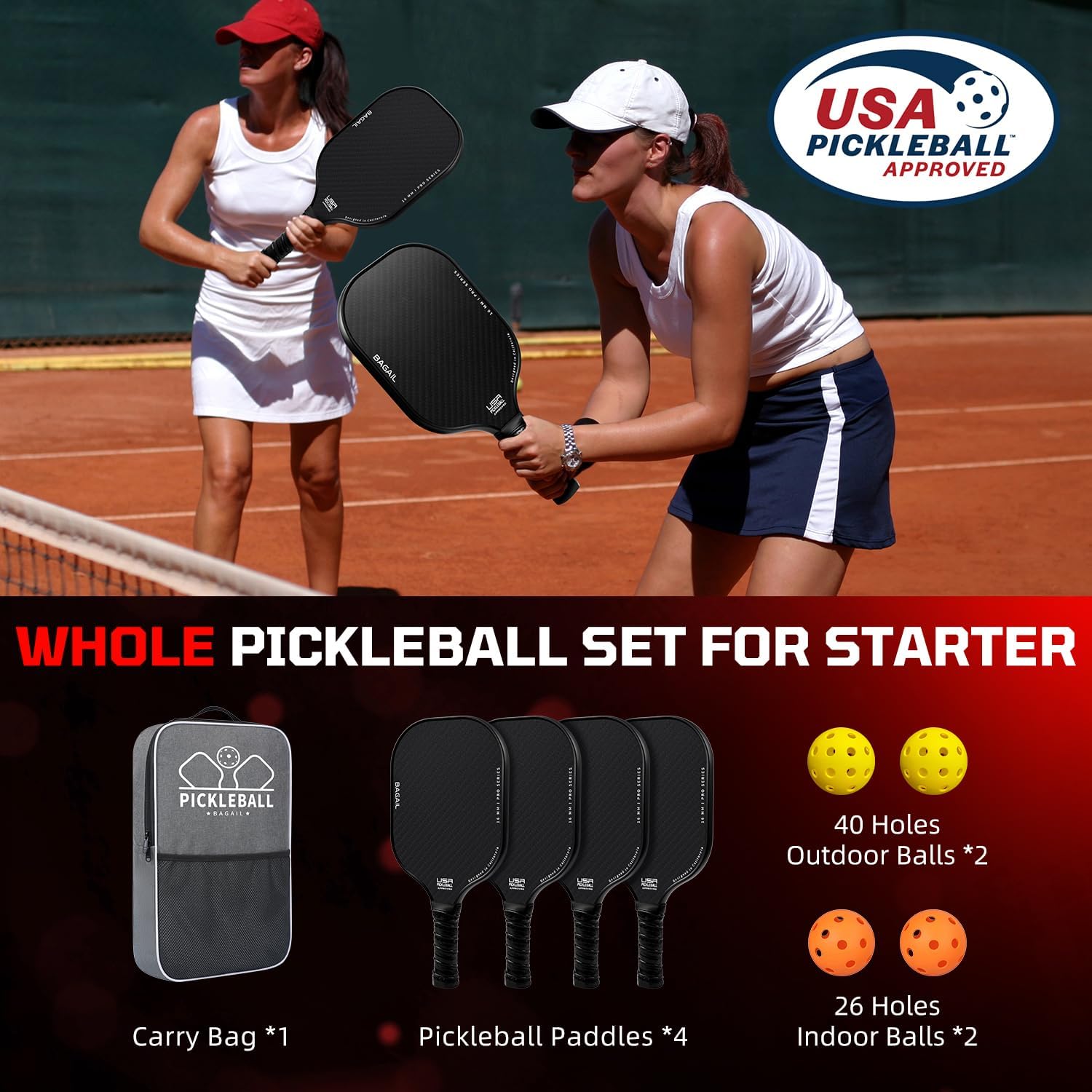 bagail-usapa-approved-fiberglass-pickleball-paddle-set-with-4-balls-and-bag image 8