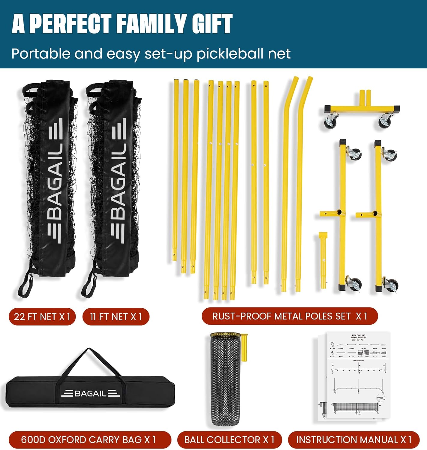 bagail-portable-pickleball-net-set-22ft-regulation-size-with-ball-collector-4-ba image 8