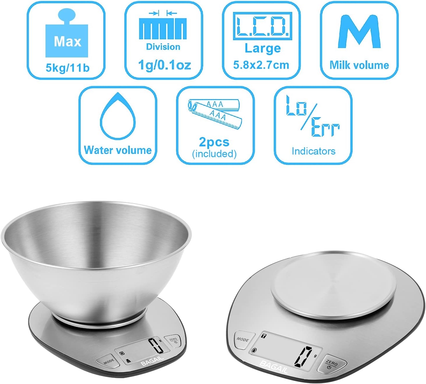 bagail-basics-digital-kitchen-scale-large-clear-display-stainless-steel-mixing-b image 7