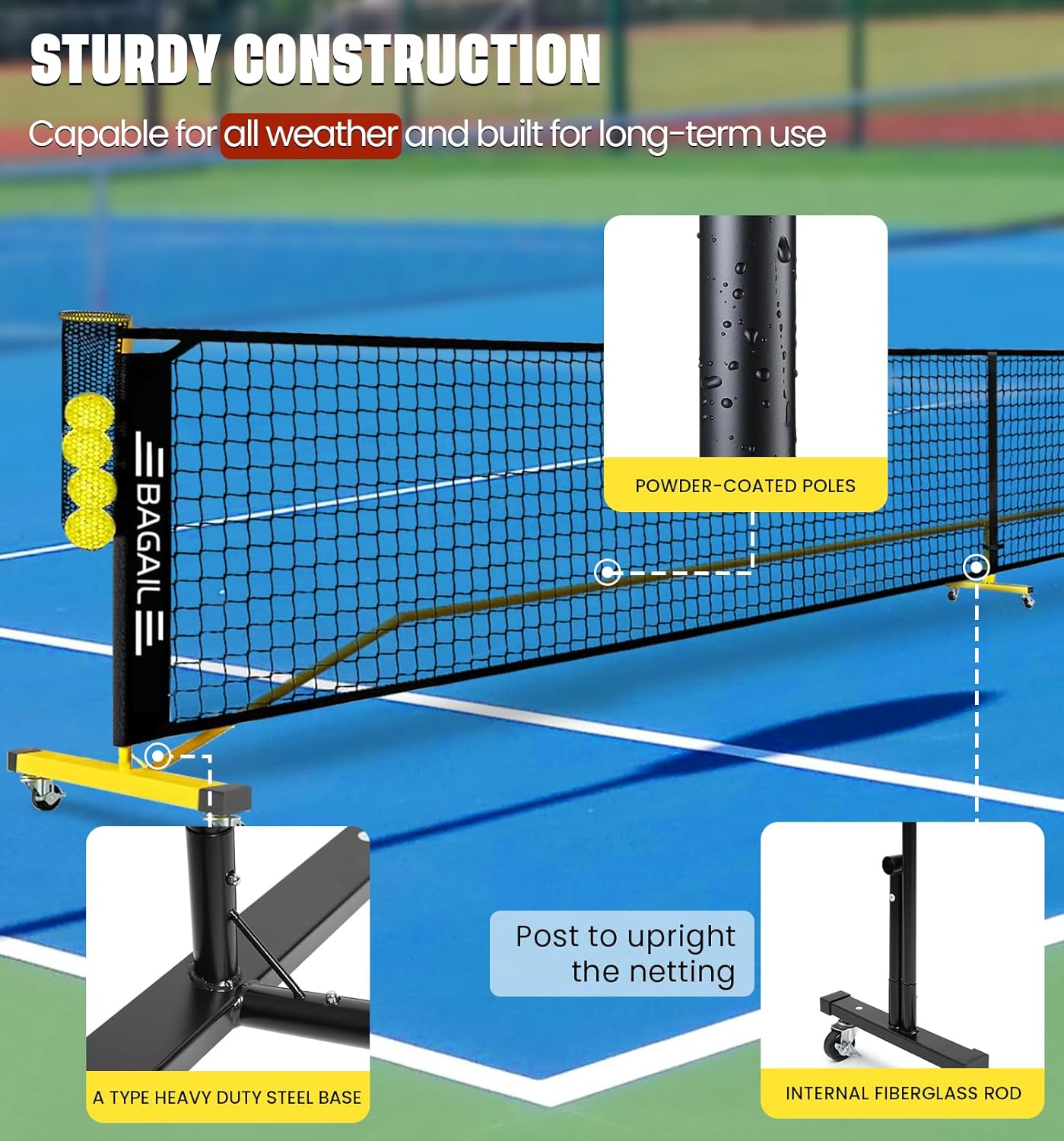 bagail-portable-pickleball-net-set-22ft-regulation-size-with-ball-collector-4-ba image 5
