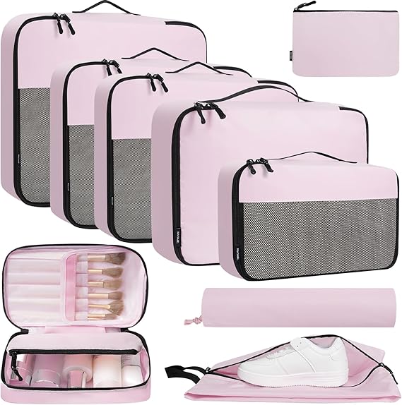 bagail-9-set-half-mesh-packing-cubes-with-makeup-bag-laundry-bag-shoe-bag-zipper image 2
