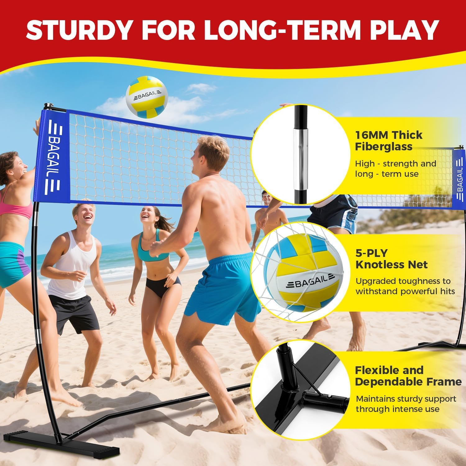 bagail-portable-freestanding-volleyball-net-set-12ft-or-20ft-adjustable-height image 2