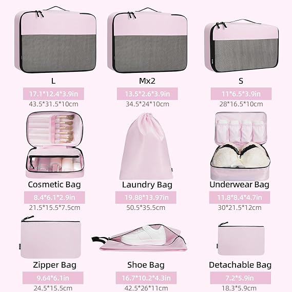 bagail-9-set-half-mesh-packing-cubes-with-makeup-bag-laundry-bag-shoe-bag-zipper image 3