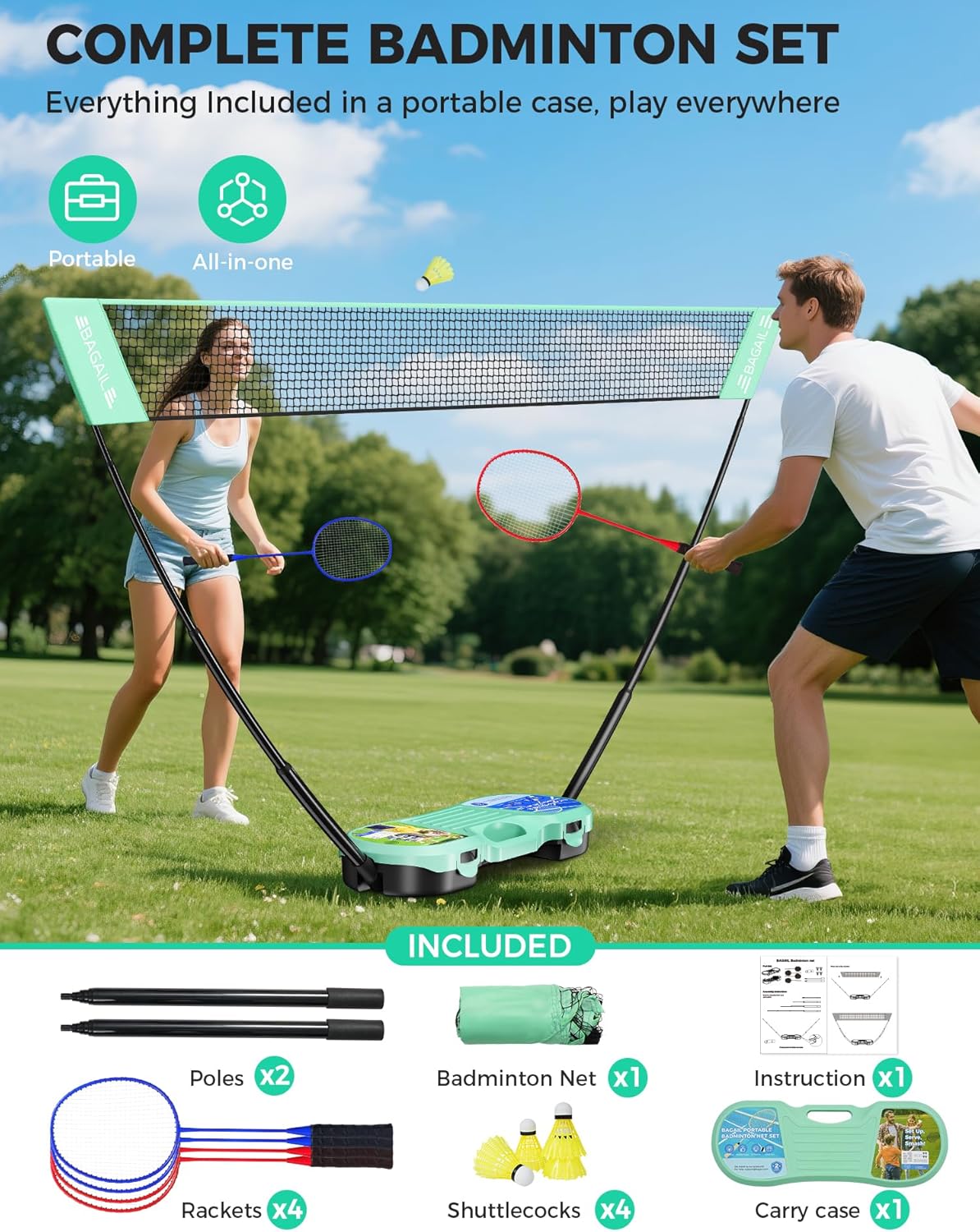 bagail-portable-badminton-net-set-pop-up-net-with-carry-case-complete-4-racket-s image 2