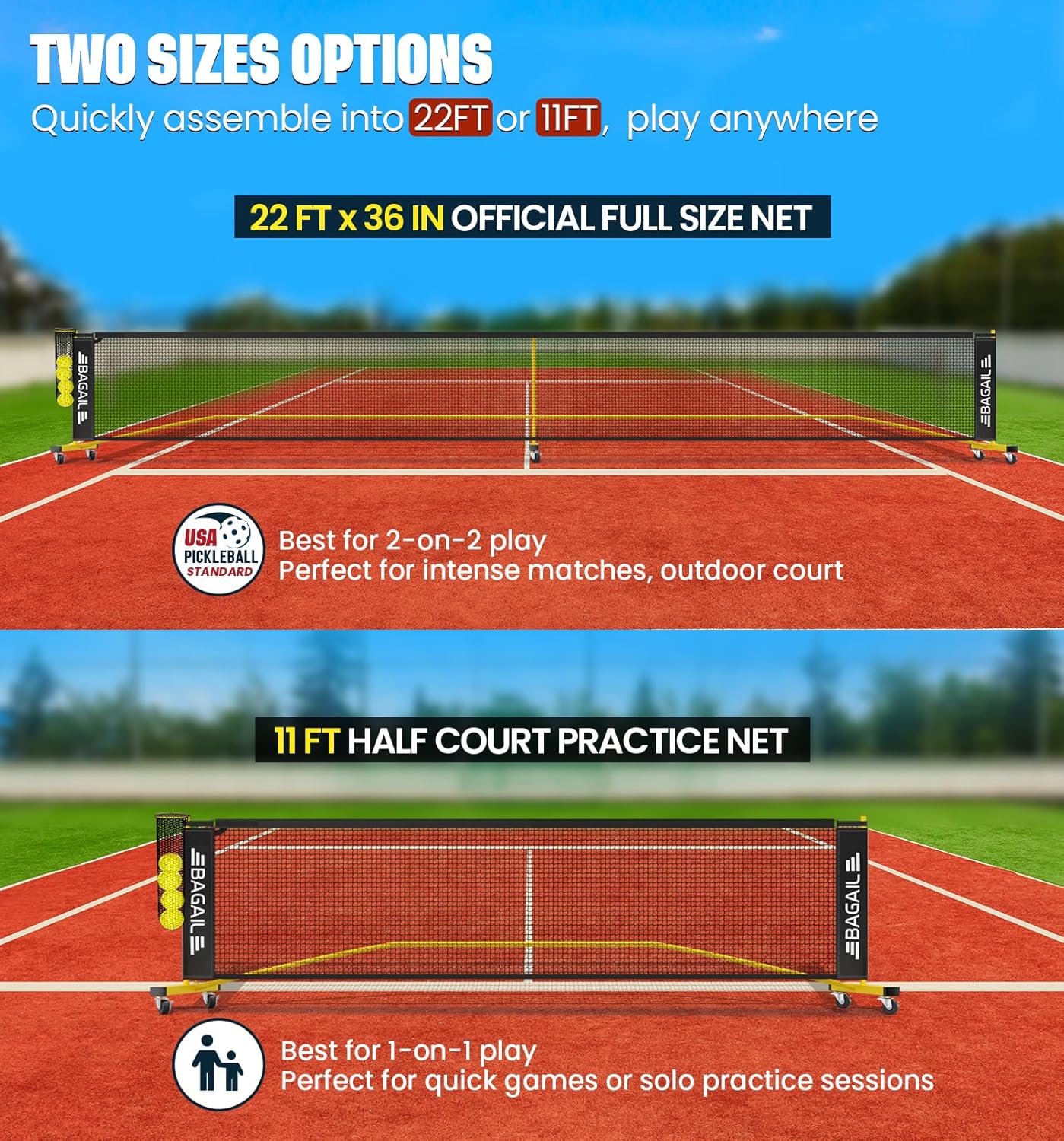 bagail-portable-pickleball-net-set-22ft-regulation-size-with-ball-collector-4-ba image 2