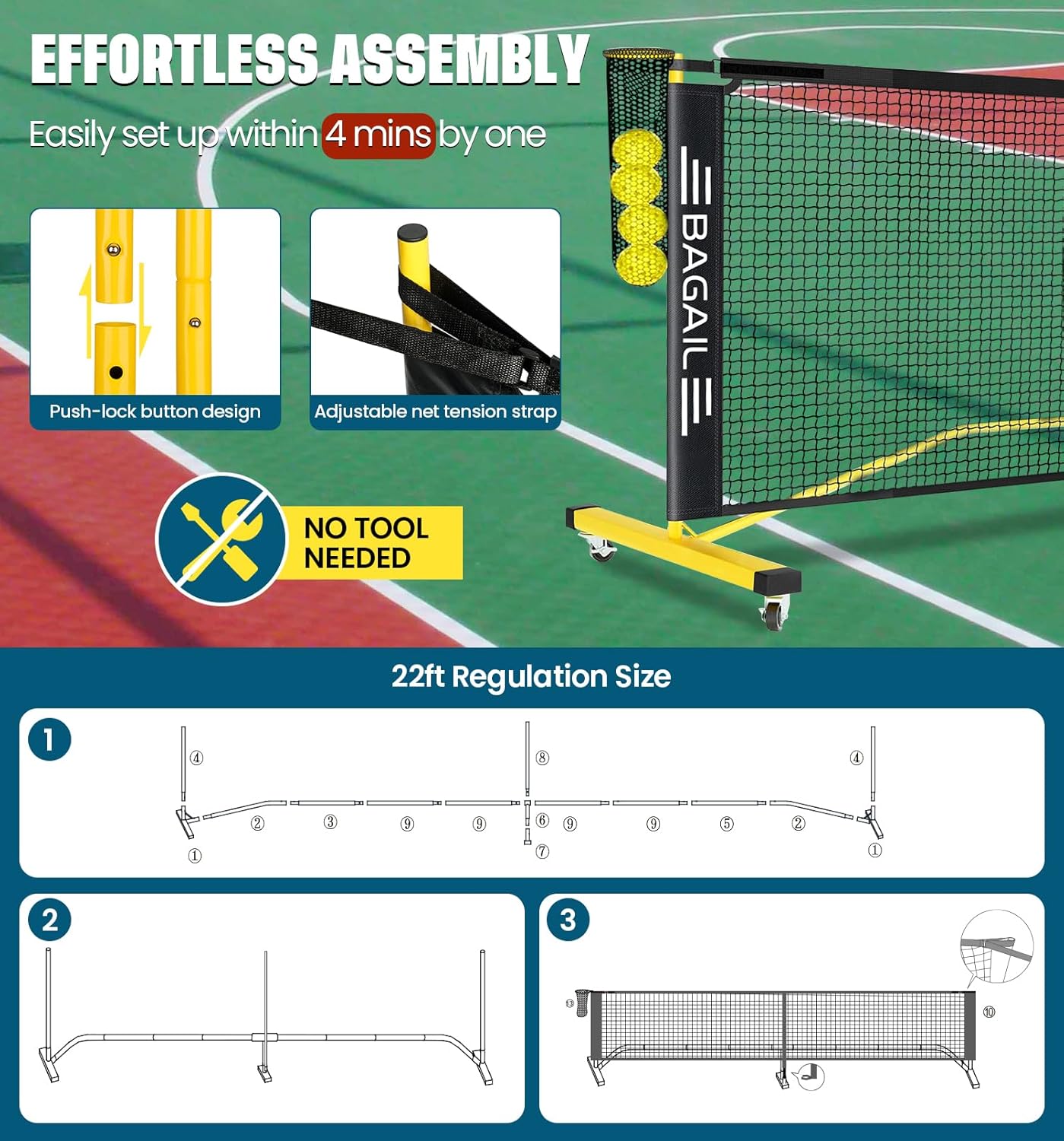 bagail-portable-pickleball-net-set-22ft-regulation-size-with-ball-collector-4-ba image 6