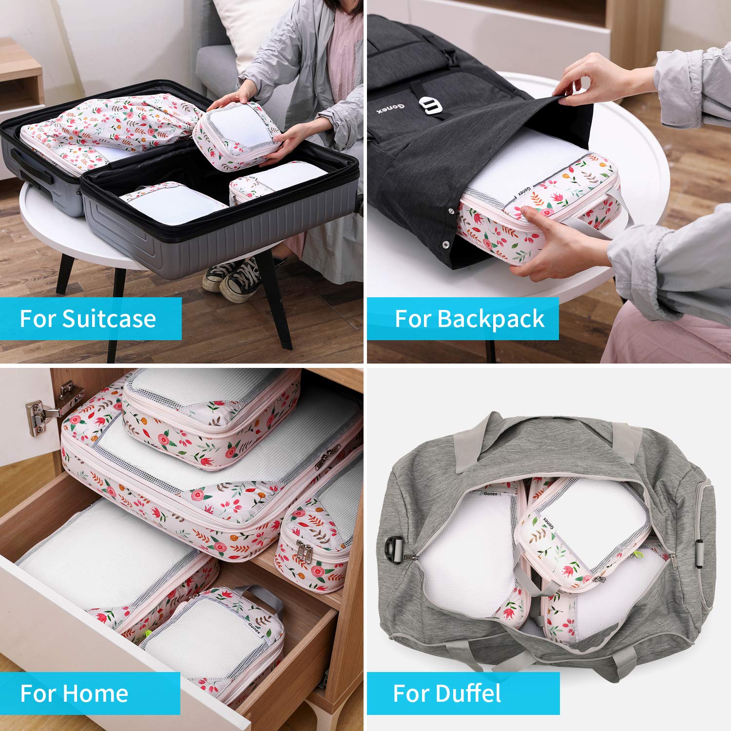 gonex-floral-compression-packing-cubes-6-piece-set-with-laundry-bag image 4