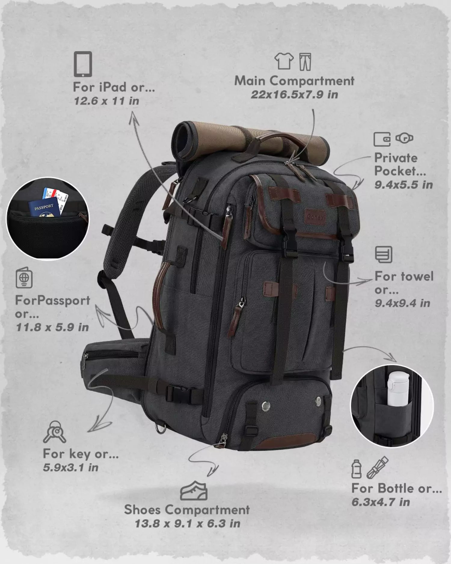 gonex-vintage-canvas-backpack-3-in-1-convertible-travel-bag-40l-45l image 5