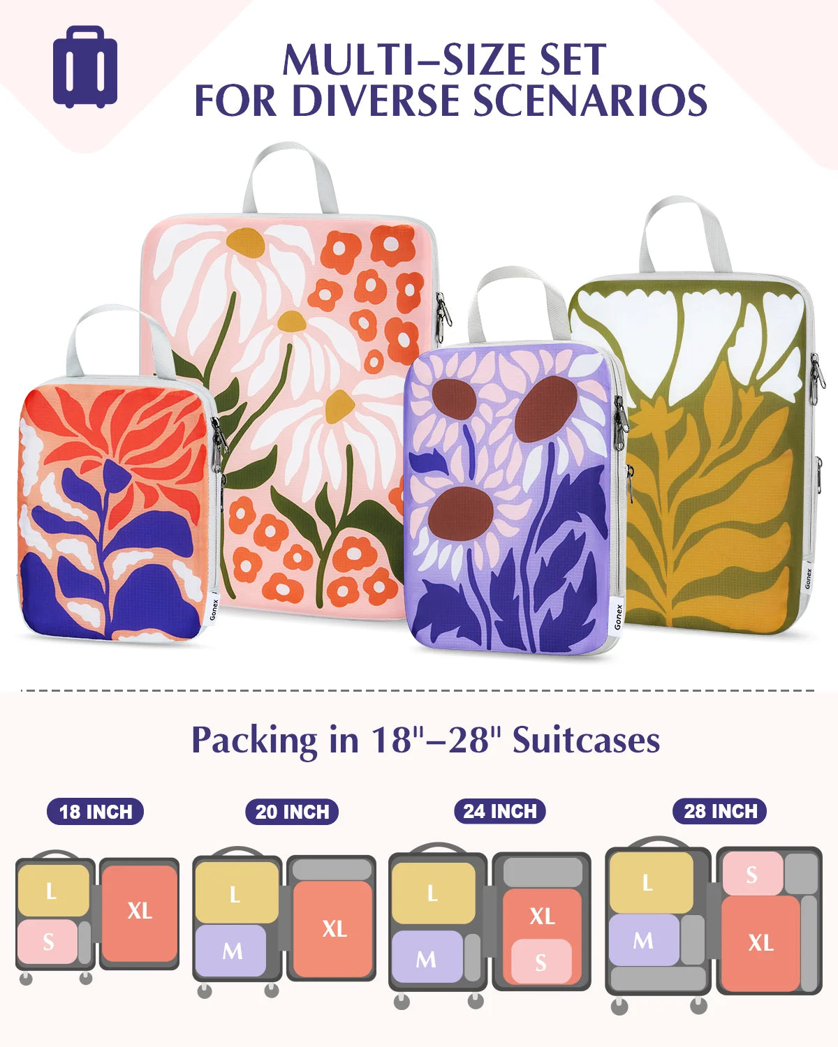 gonex-compression-packing-cubes-4-piece-set-with-floral-pattern image 3