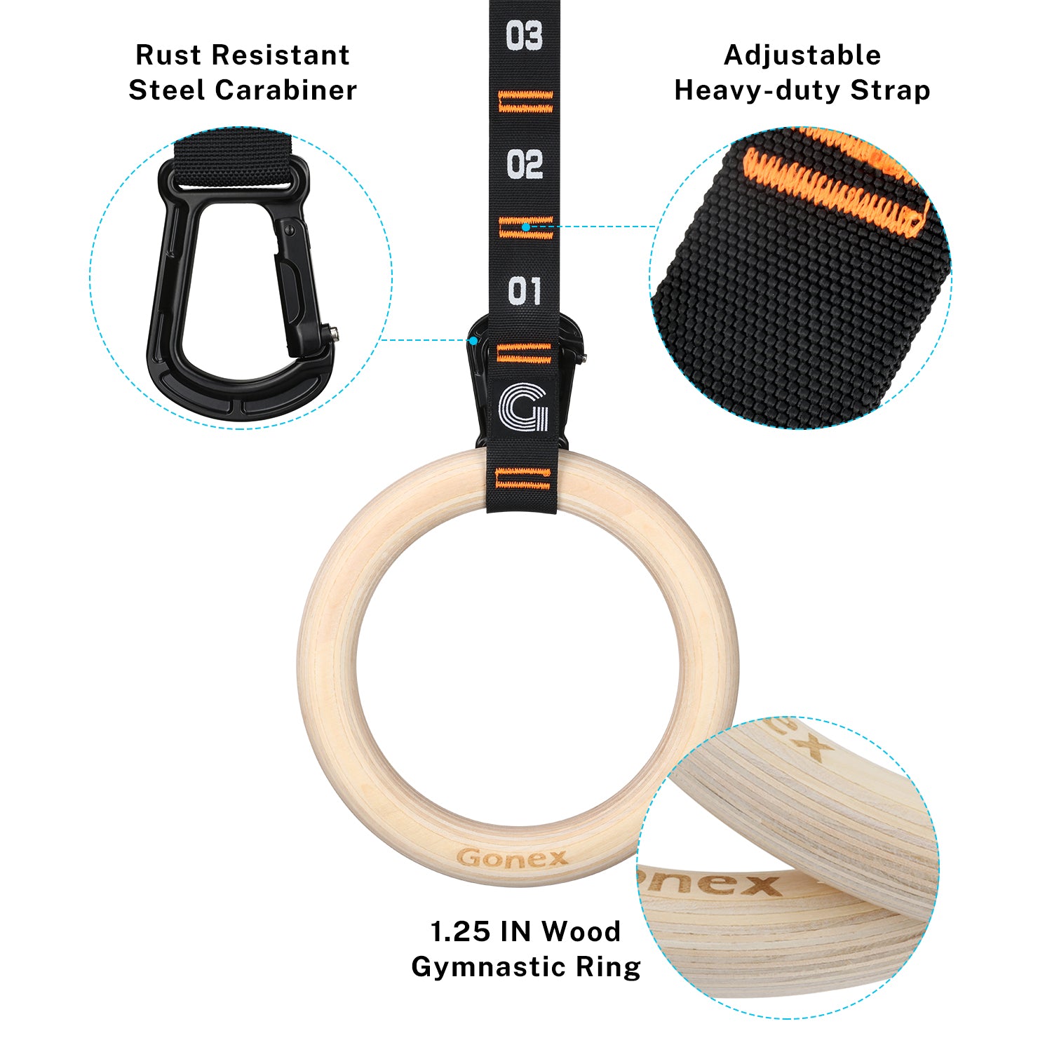gonex-wooden-gymnastic-rings-with-adjustable-number-straps-and-quick-carabiner image 4