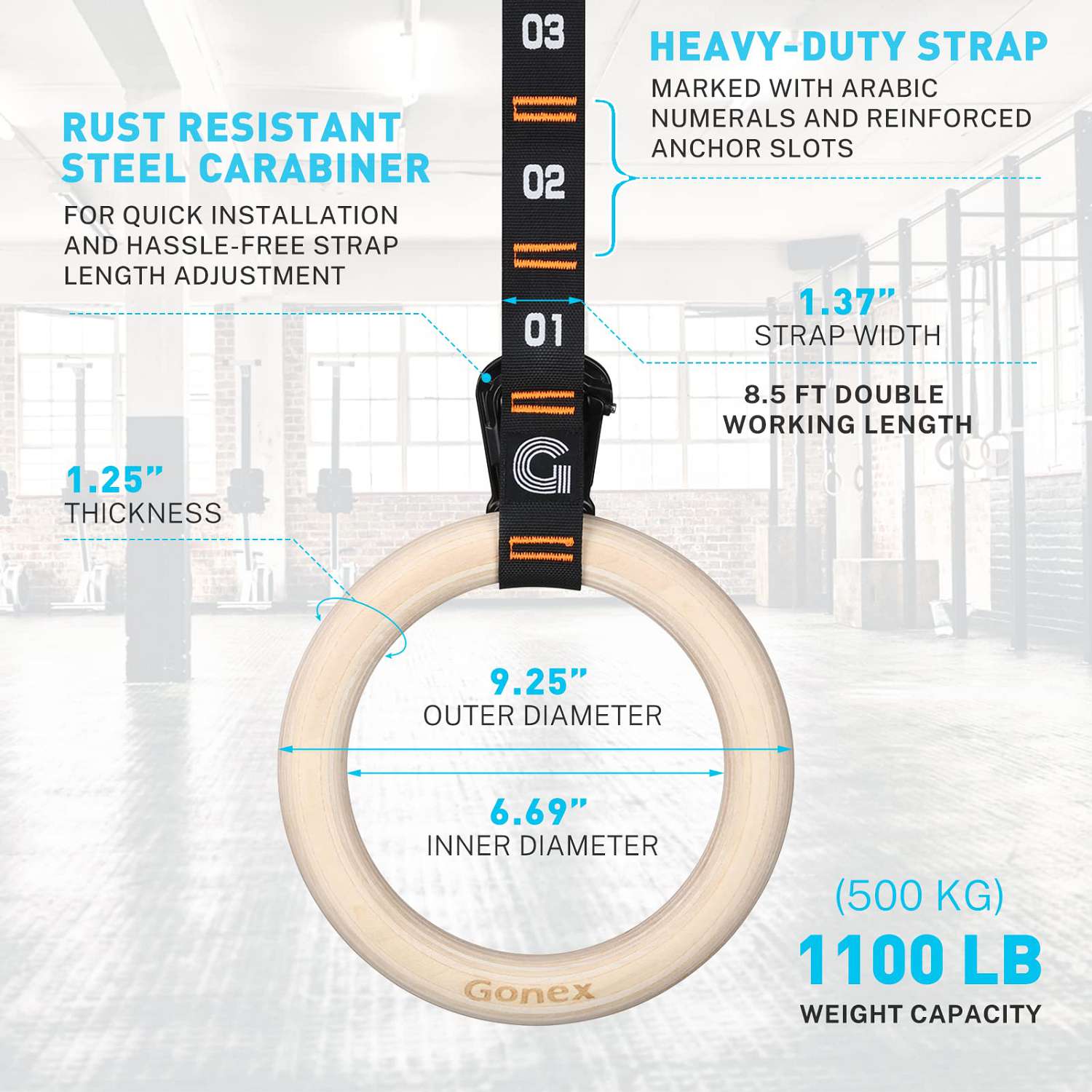 gonex-wooden-gymnastic-rings-with-adjustable-number-straps-and-quick-carabiner image 2