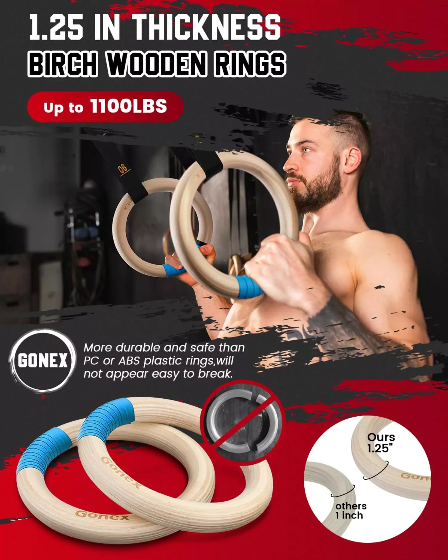 gonex-wooden-gymnastic-rings-for-strength-training-and-home-workouts image 2