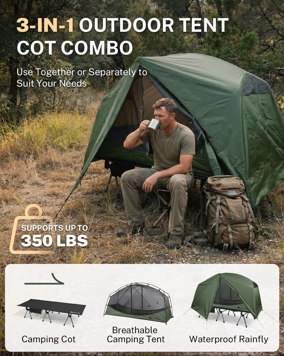 gonex-1-person-off-ground-folding-camping-cot-combo-extra-wide-with-integrated-t image 4