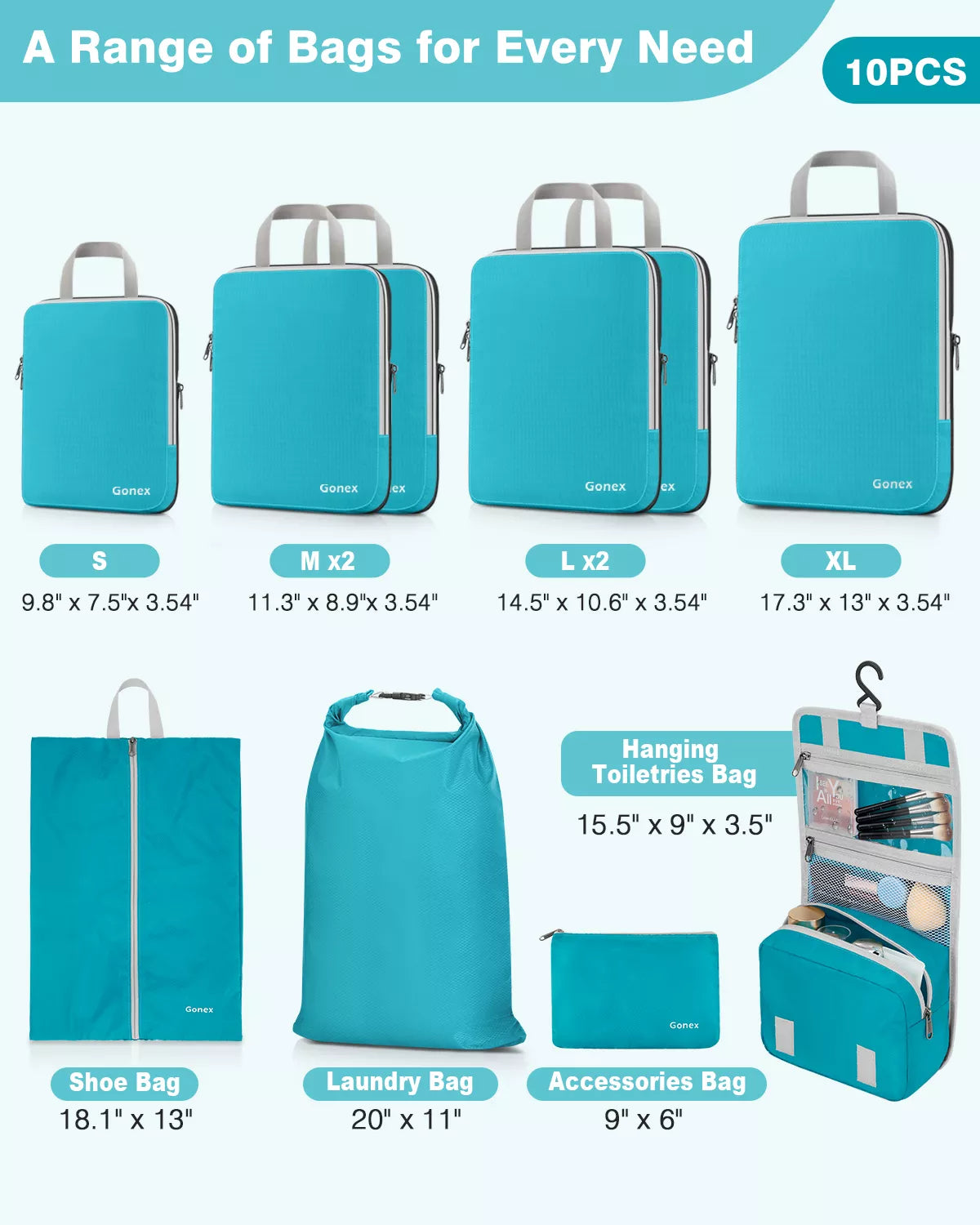 gonex-compression-packing-cubes-set-10-pcs-with-shoe-bag-laundry-bag-hanging-toi image 5