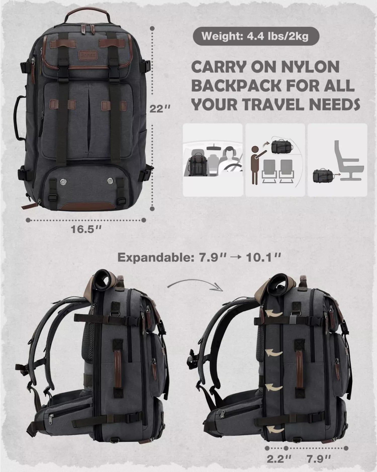 gonex-vintage-canvas-backpack-3-in-1-convertible-travel-bag-40l-45l image 4